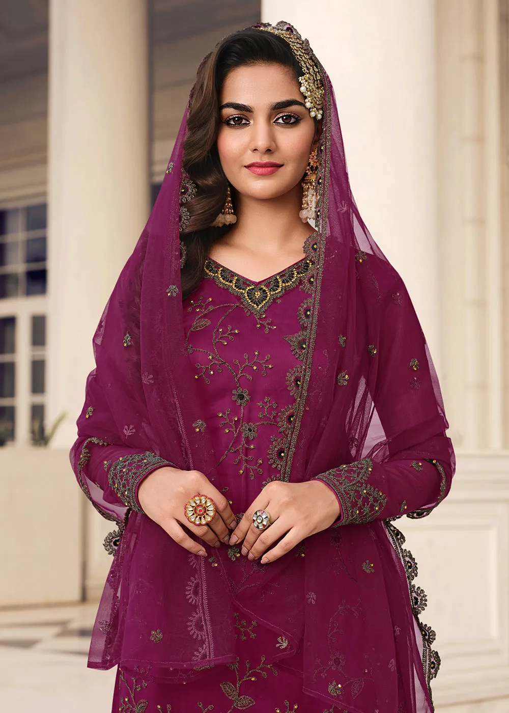 Admirable Wine & Gold Embroidered Pant Style Salwar Suit