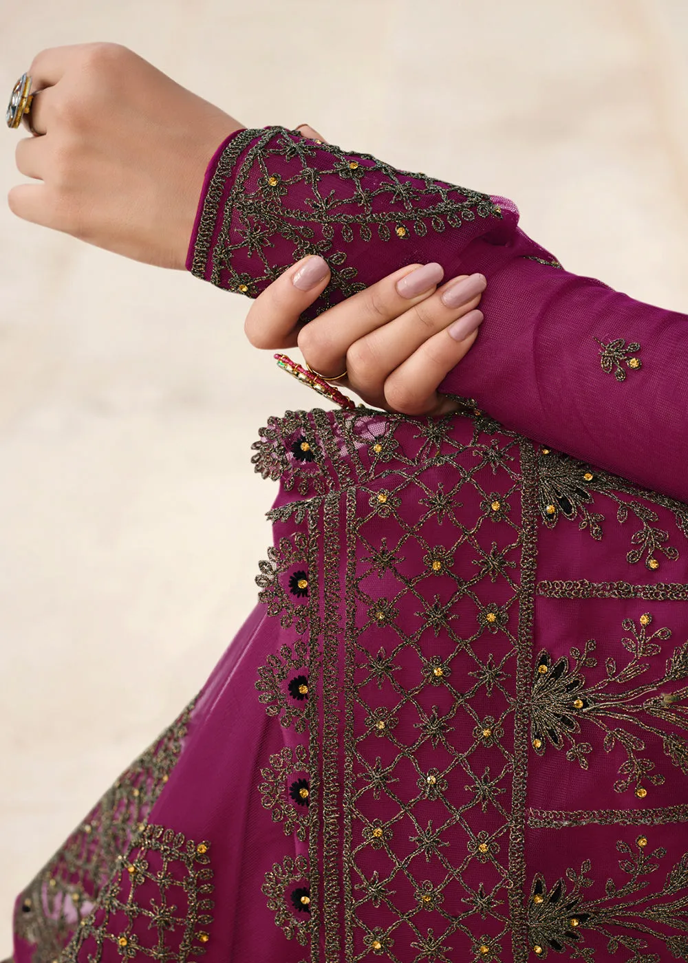 Admirable Wine & Gold Embroidered Pant Style Salwar Suit