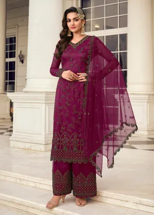 Admirable Wine & Gold Embroidered Pant Style Salwar Suit