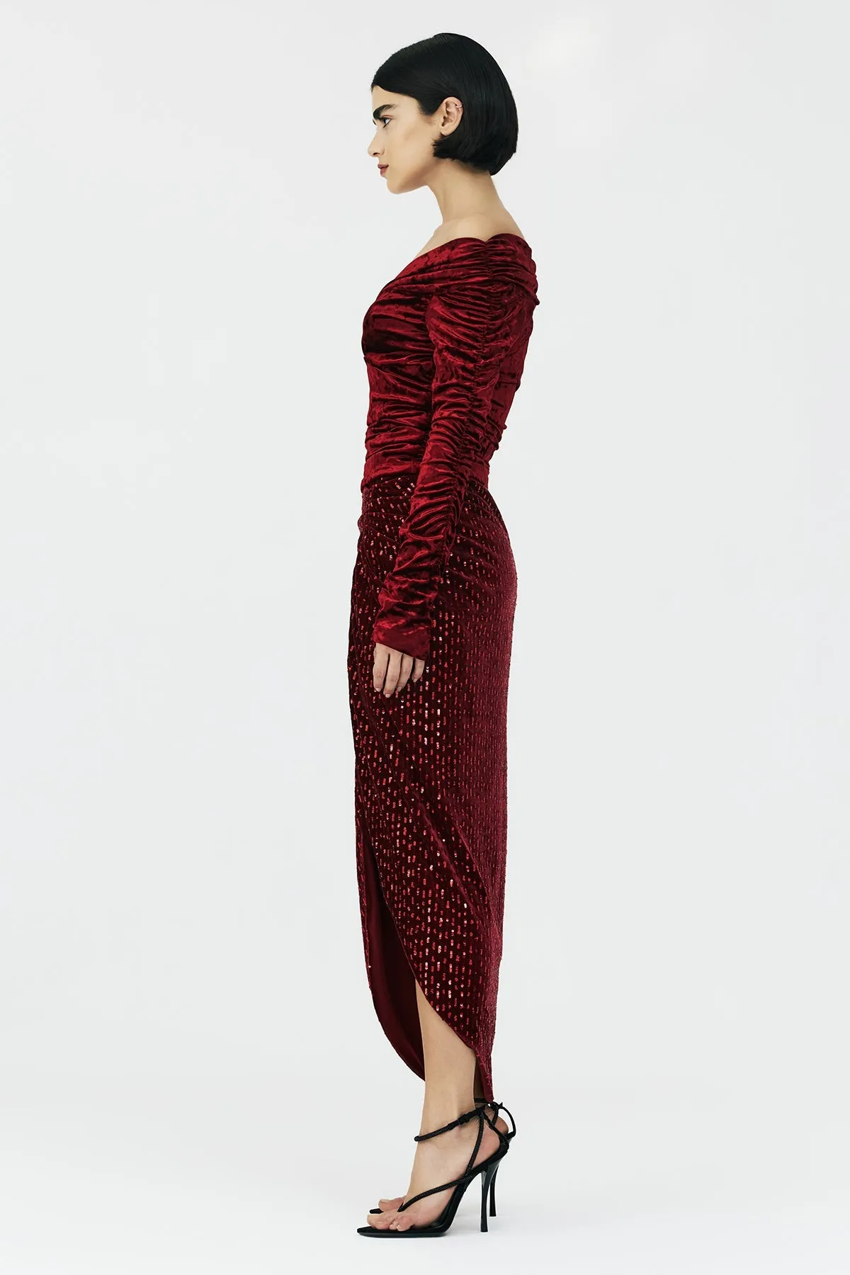 Barragan Deep Slit High Low Burgundy Skirt