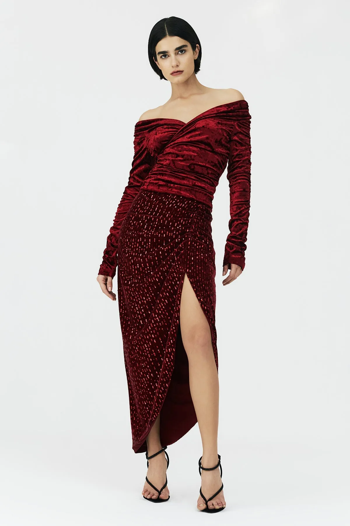 Barragan Deep Slit High Low Burgundy Skirt