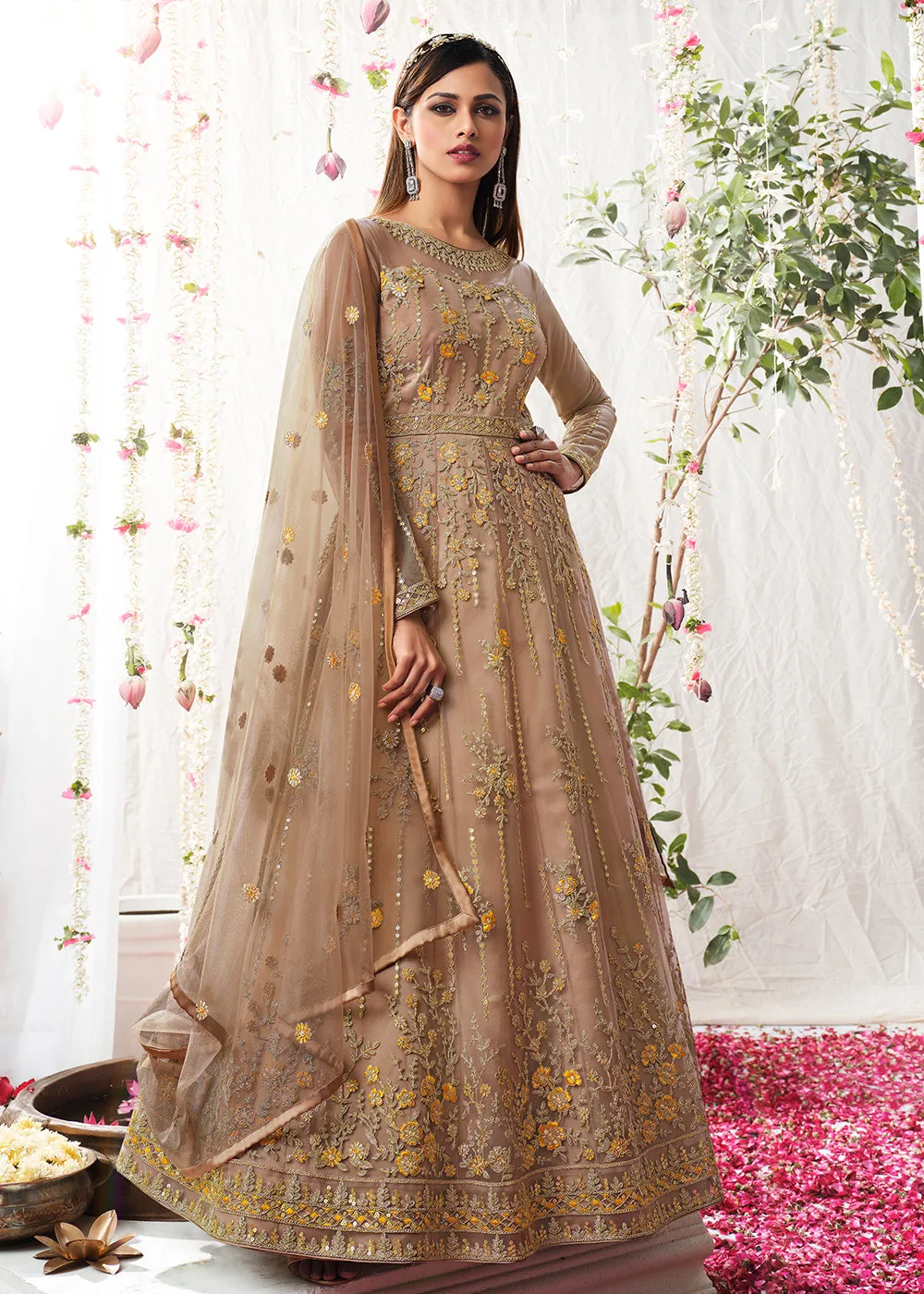 Beige Gold Wedding Festive Floor Length Anarkali Suit