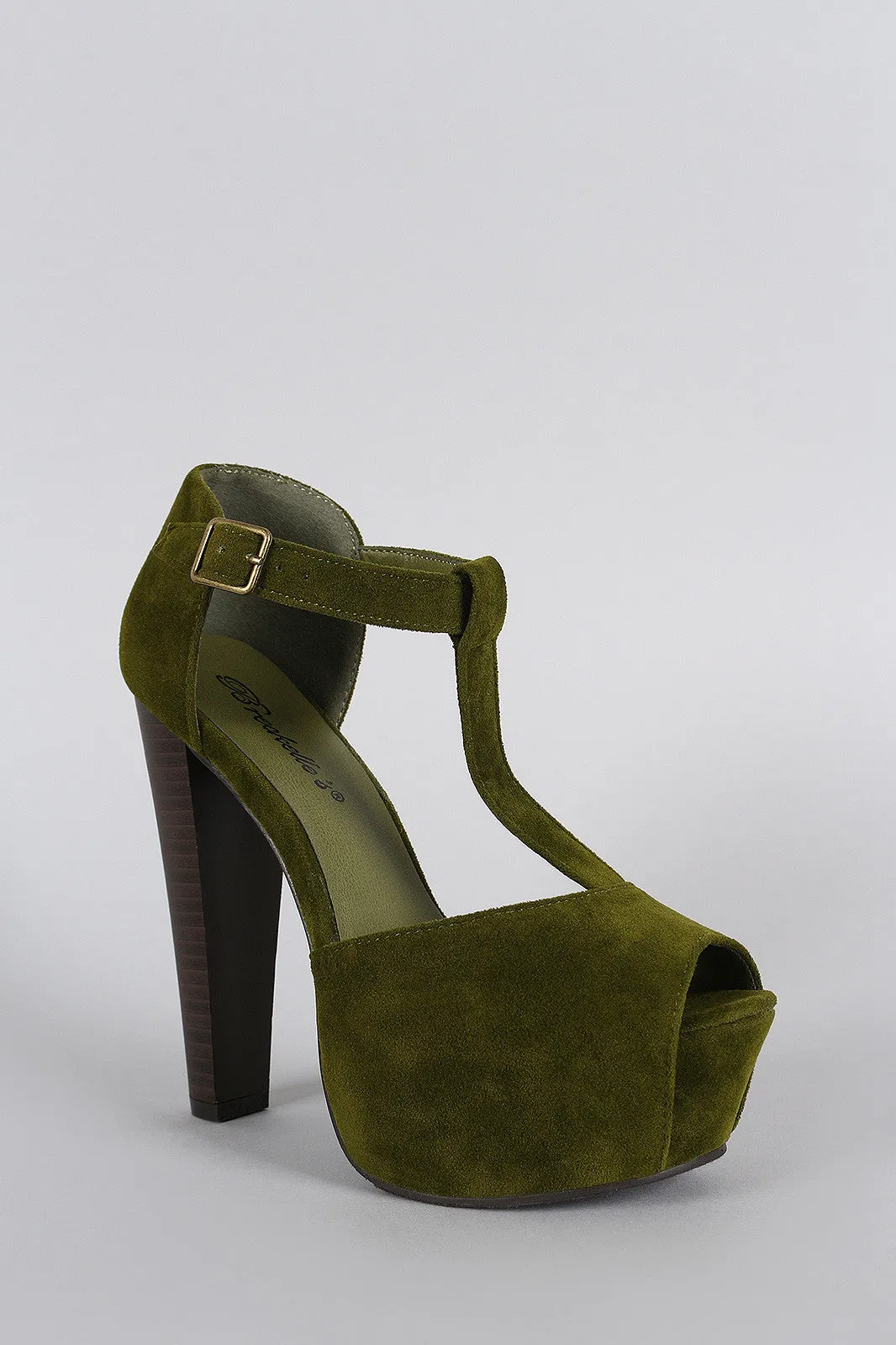 Breckelle T-Strap Suede Peep Toe Platform Chunky Heel