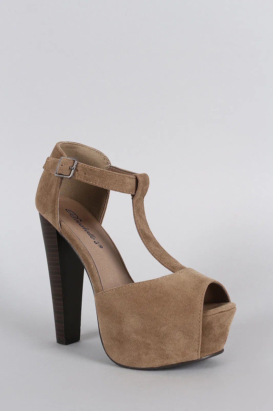 Breckelle T-Strap Suede Peep Toe Platform Chunky Heel