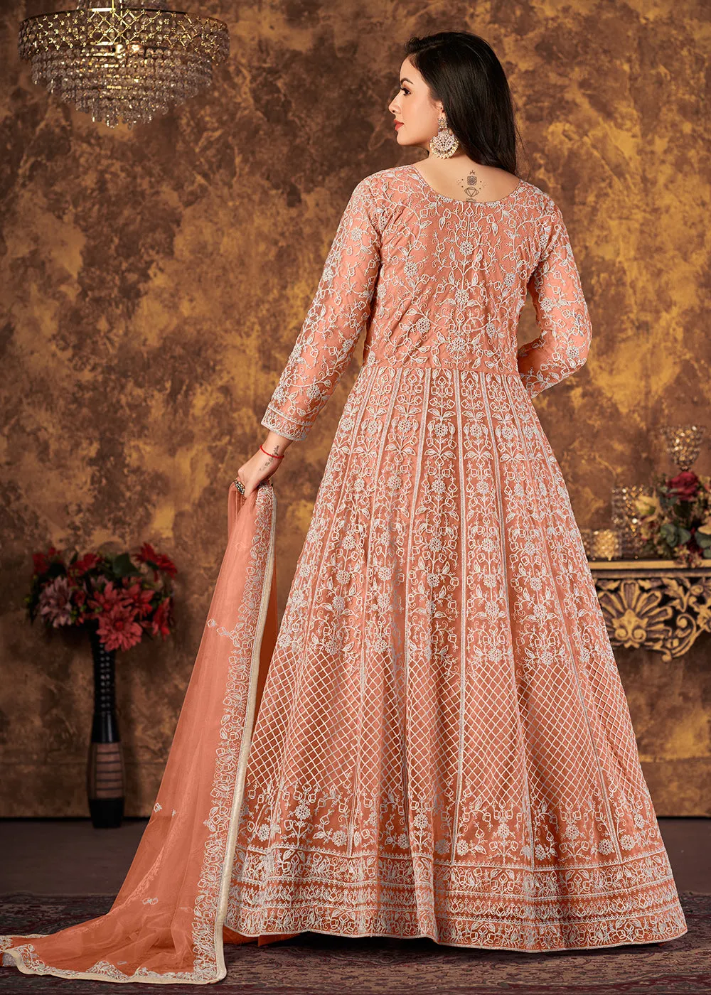 Brilliant Peach Cording Embroidered Wedding Anarkali Dress