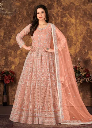 Brilliant Peach Cording Embroidered Wedding Anarkali Dress