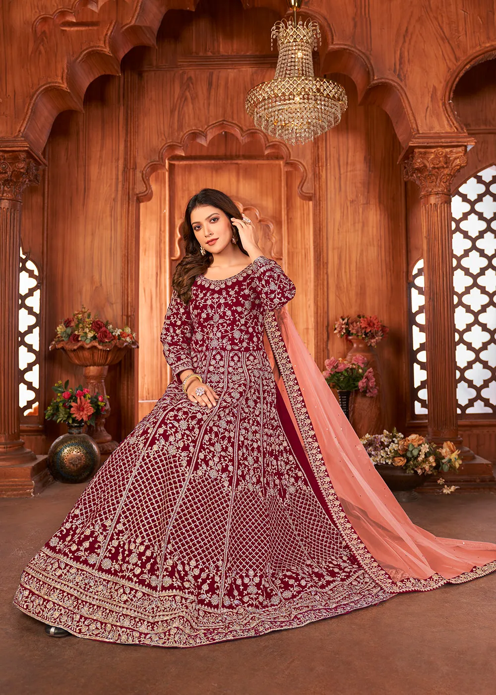 Engaging Red Velvet Wedding Function Wear Anarkali Suit