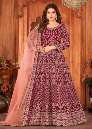 Engaging Red Velvet Wedding Function Wear Anarkali Suit