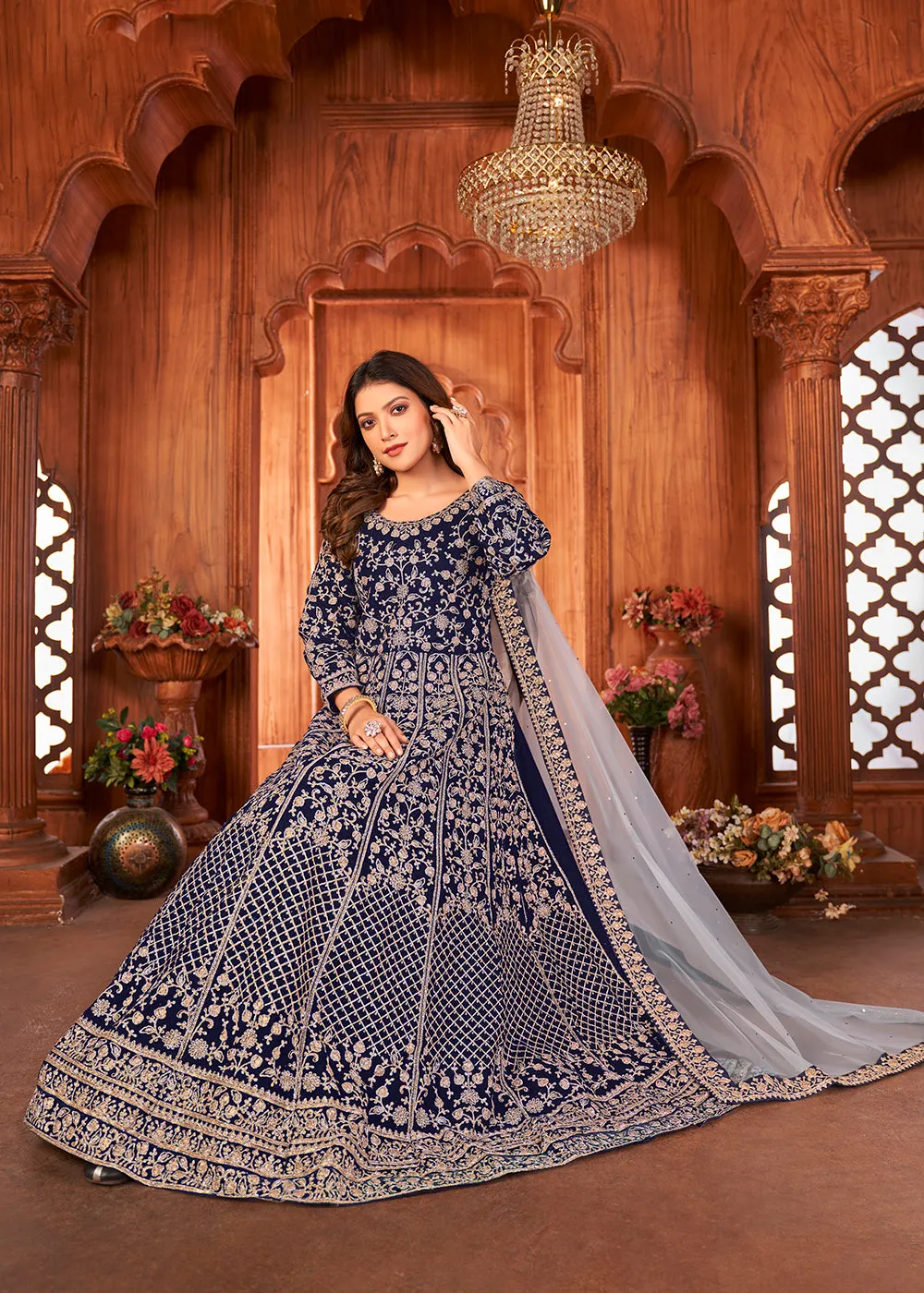 Excellent Blue Velvet Wedding Function Wear Anarkali Suit