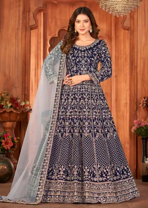 Excellent Blue Velvet Wedding Function Wear Anarkali Suit