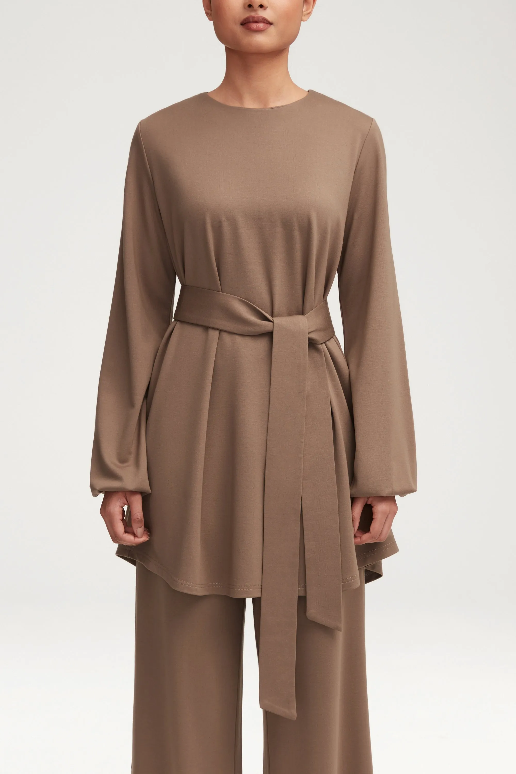 Fatima Everyday Belted Jersey Top - Dark Taupe