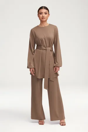 Fatima Everyday Belted Jersey Top - Dark Taupe