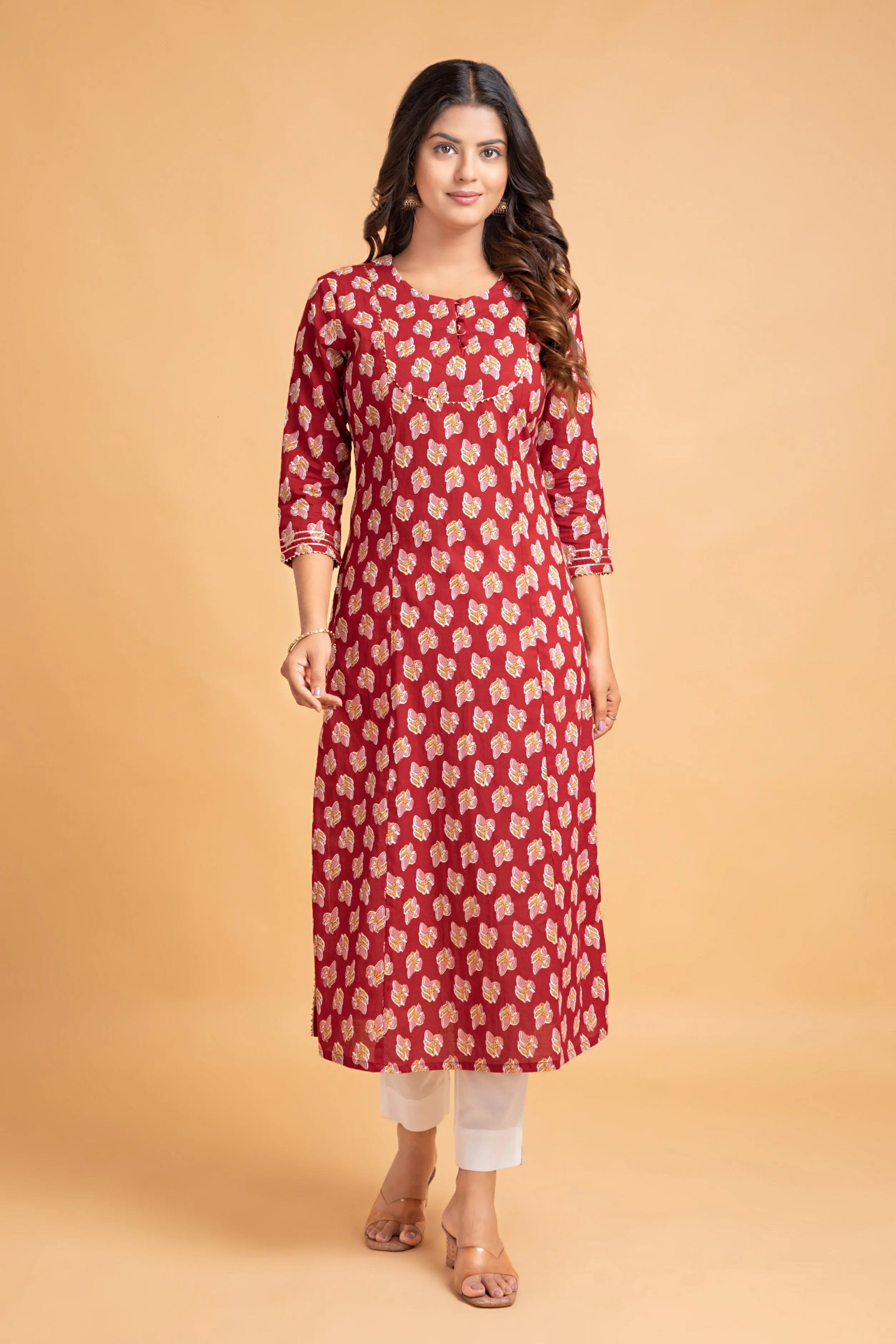 Floral A-Line Long Kurti with Craft Buttons & Lace Work