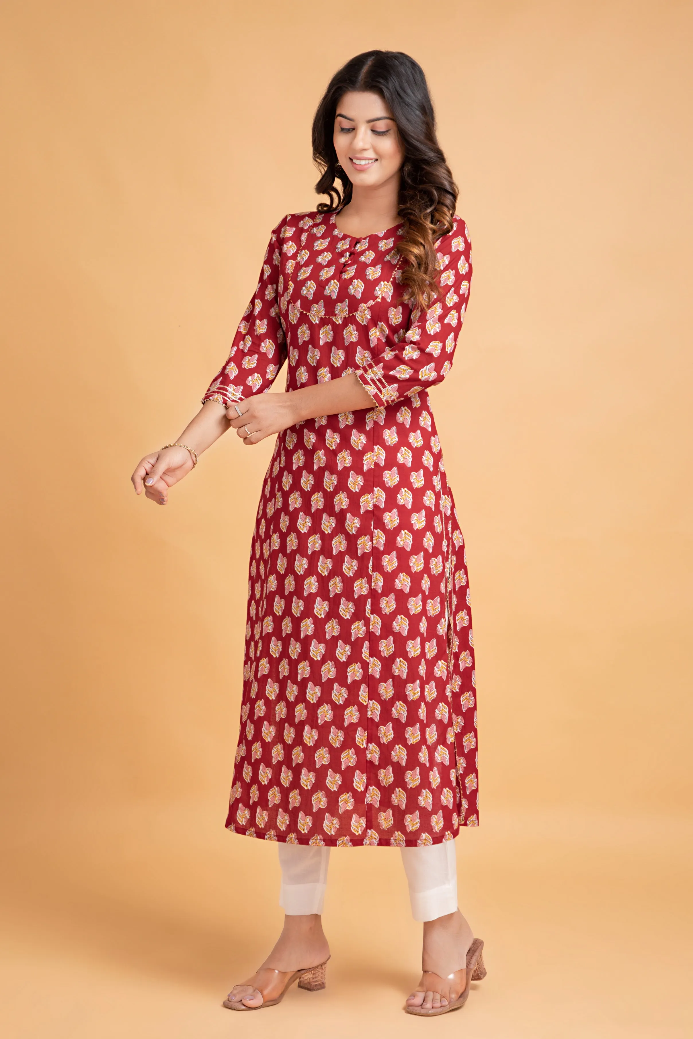 Floral A-Line Long Kurti with Craft Buttons & Lace Work