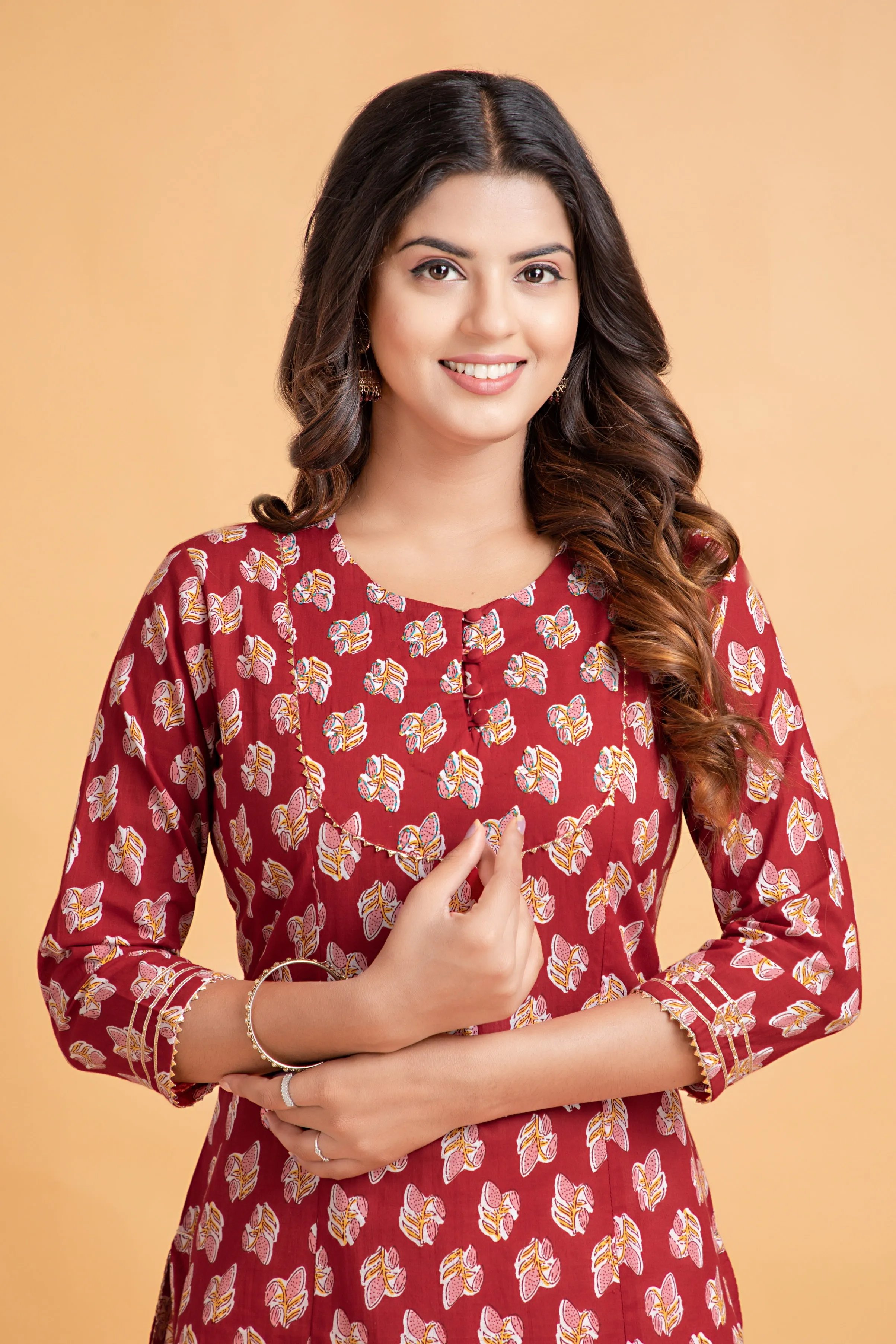 Floral A-Line Long Kurti with Craft Buttons & Lace Work