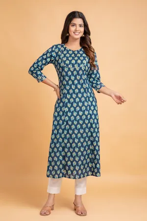 Floral A-Line Long Kurti with Craft Buttons & Lace Work