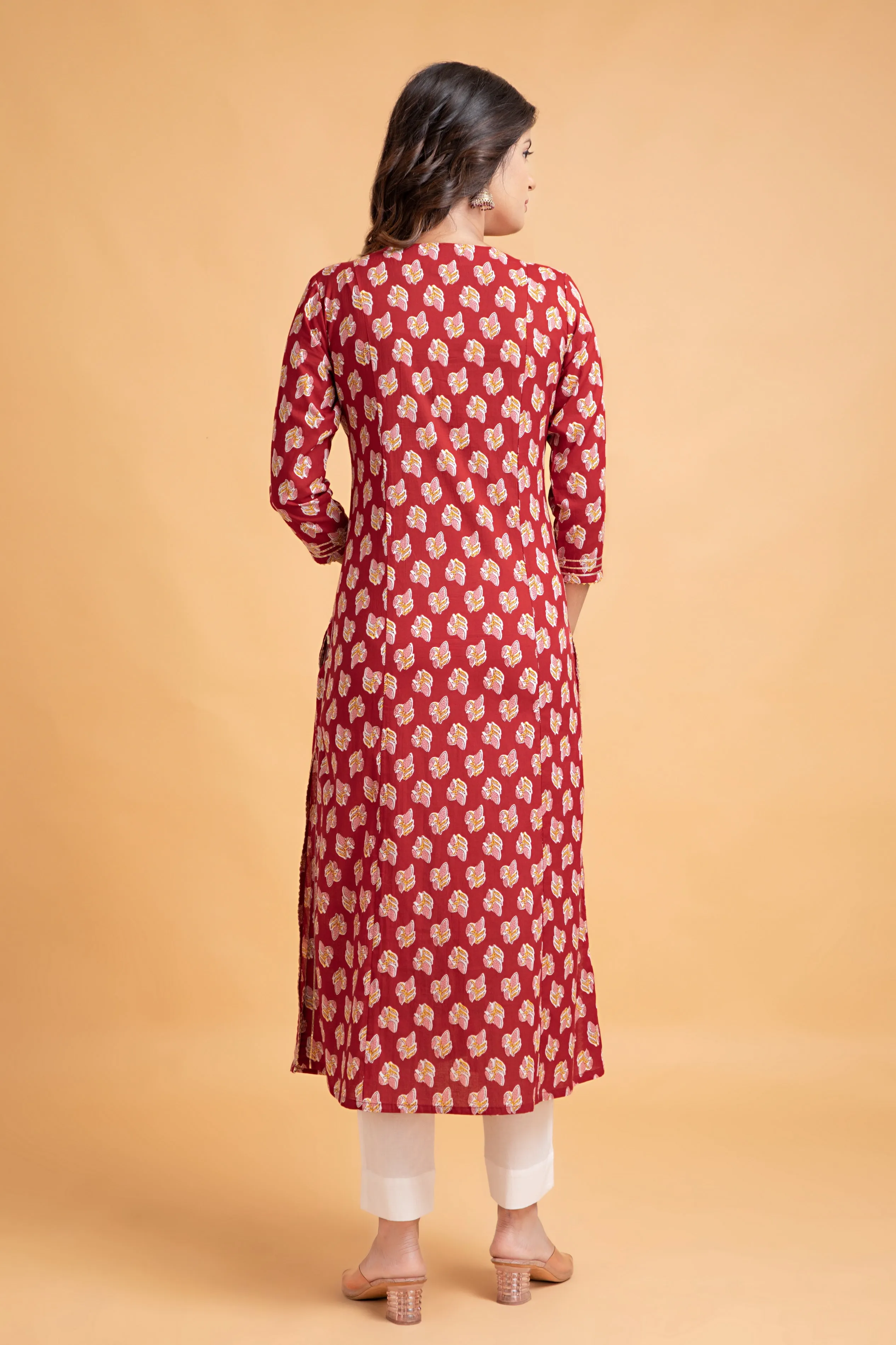 Floral A-Line Long Kurti with Craft Buttons & Lace Work