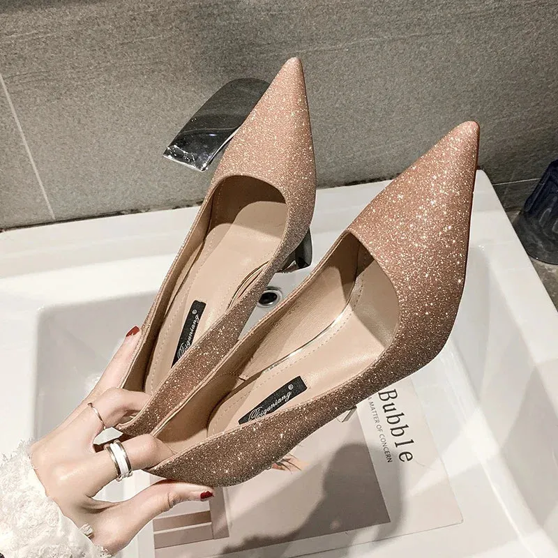 Heels Women Stilettos Elegant Sexy Nude Dress Shoes Bridal Stripper Party Gold Silver Luxury Pearl Pointed Toe Social