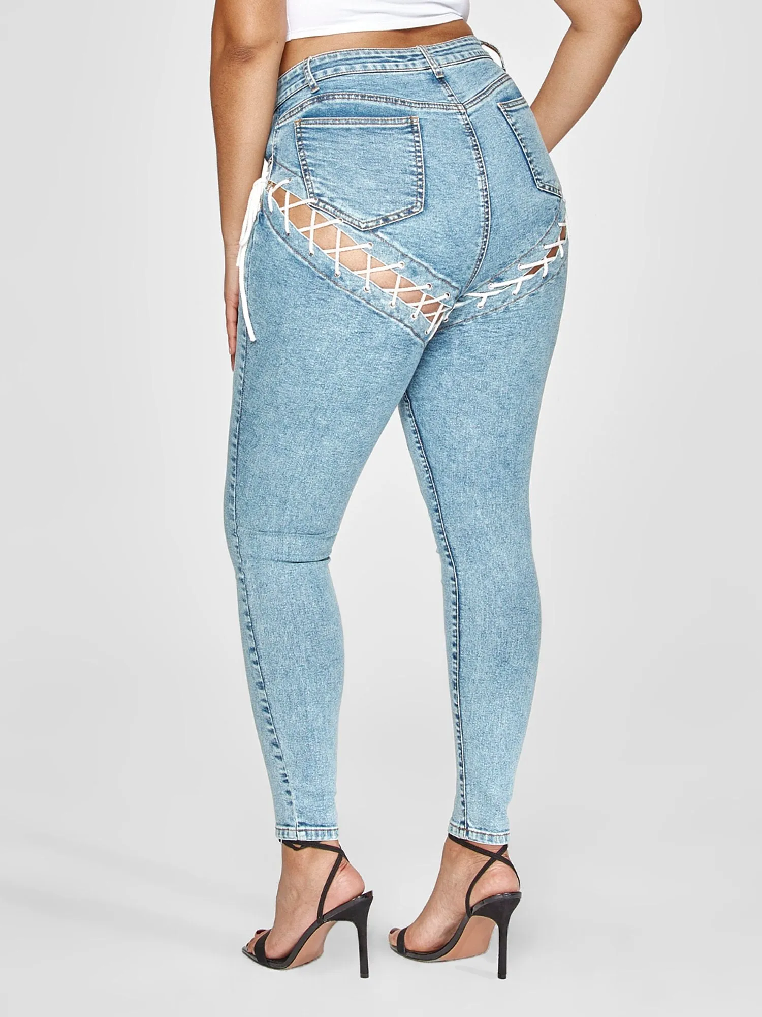 High Rise Lace-Up Detail Skinny Jeans