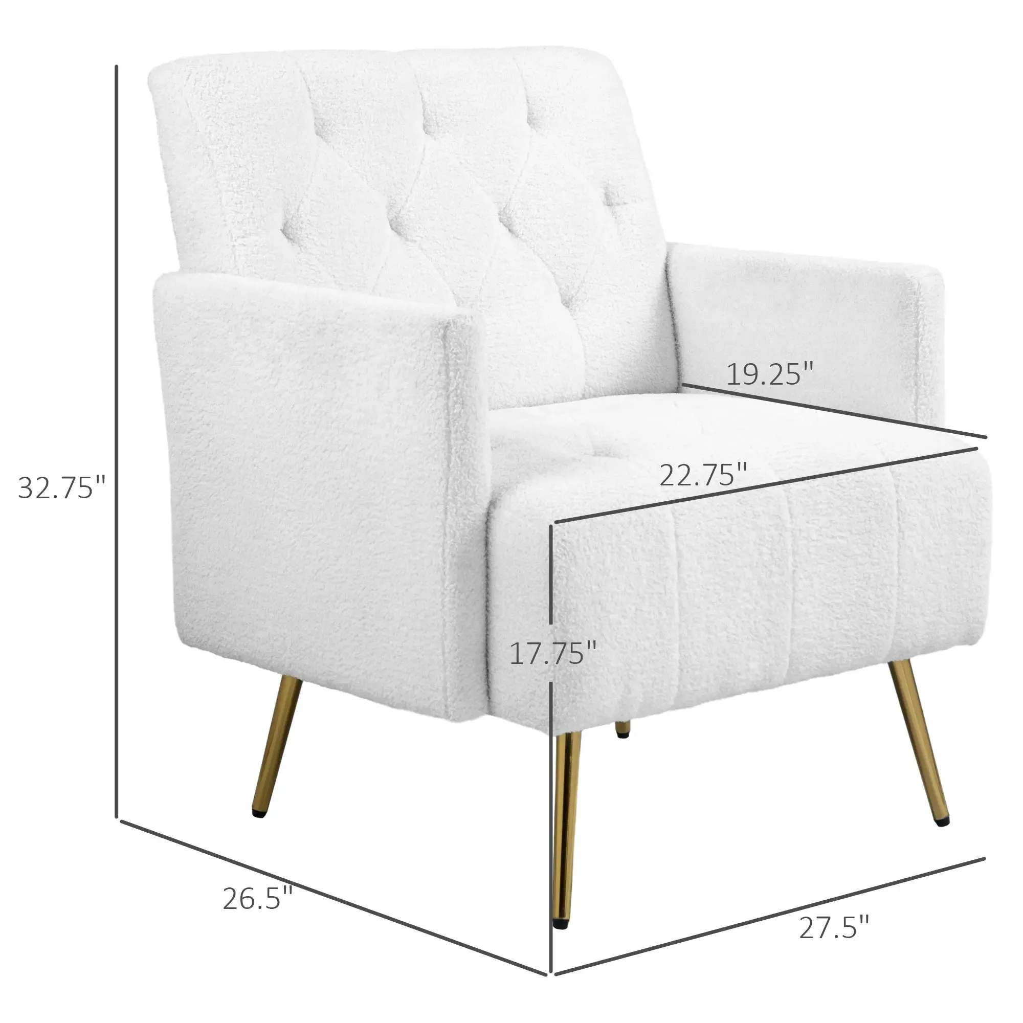 HOMCOM Modern Sherpa Accent Chair, Upholstered Tufted Armchair with Gold Steel Legs, Comfy Living Room Chairs, White