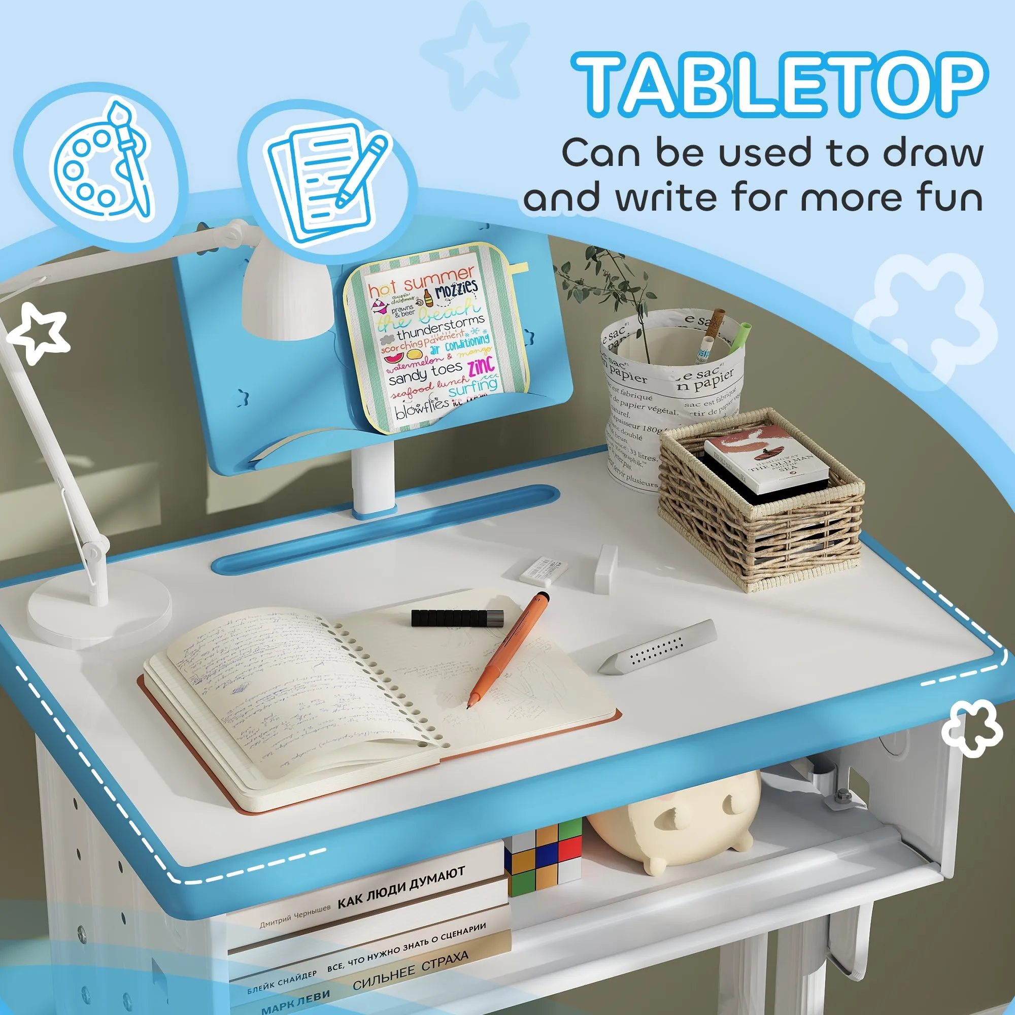 Kids Desk and Chair Set w/ Drawer, Book Stand, Pen Slot, Blue