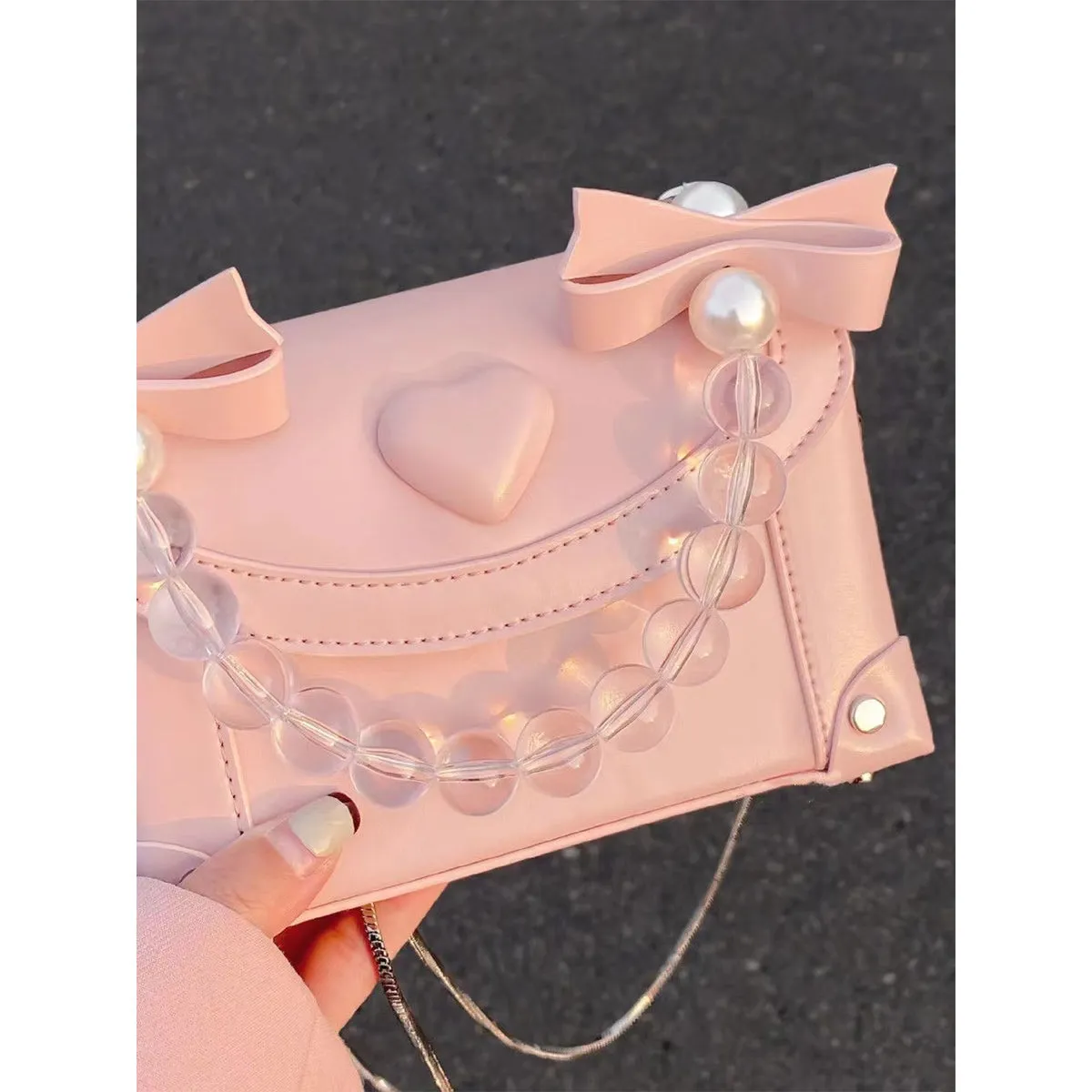 Minority Sweet Summer Versatile Pink Heart Crystal Box Bag Pearl Chain Portable Messenger Bag