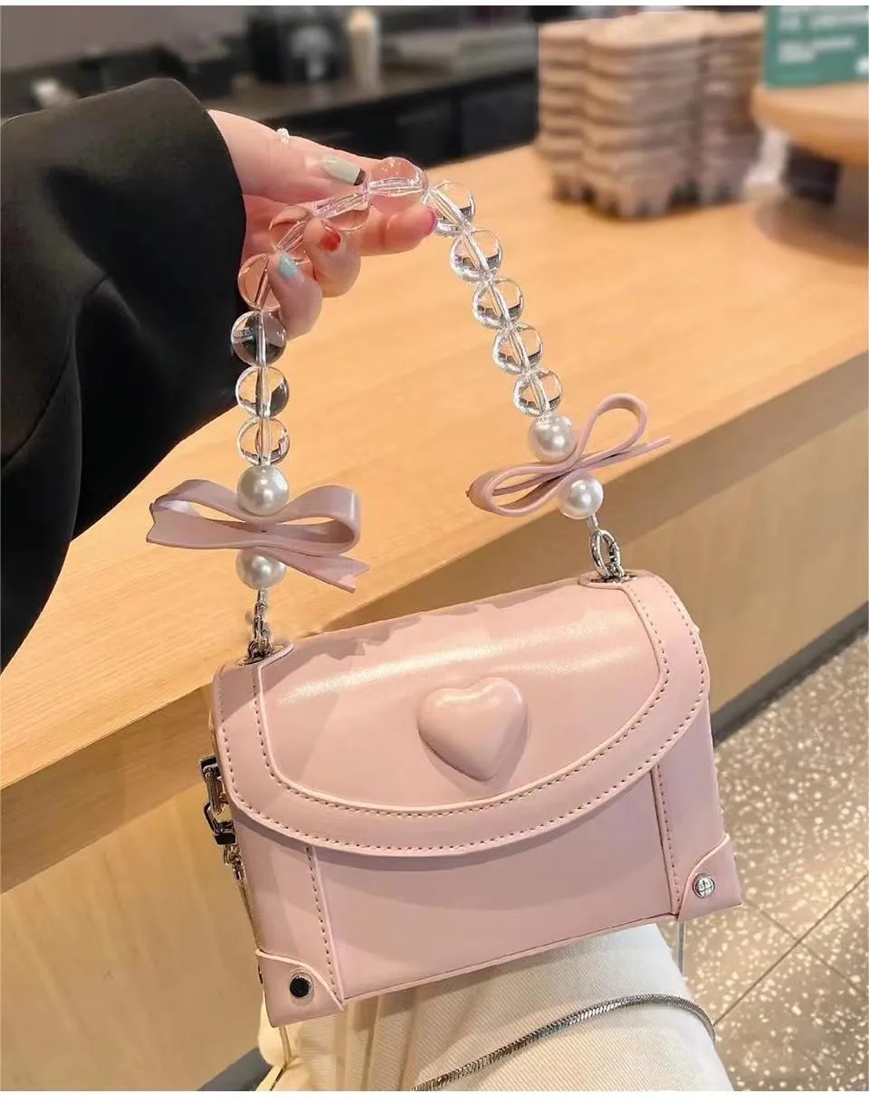 Minority Sweet Summer Versatile Pink Heart Crystal Box Bag Pearl Chain Portable Messenger Bag