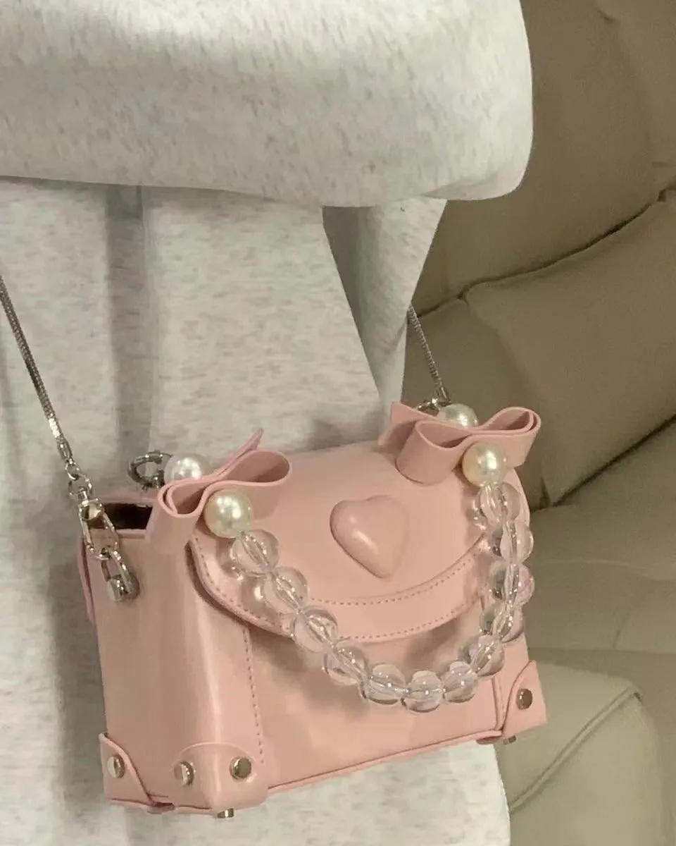 Minority Sweet Summer Versatile Pink Heart Crystal Box Bag Pearl Chain Portable Messenger Bag