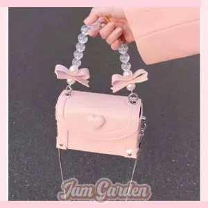 Minority Sweet Summer Versatile Pink Heart Crystal Box Bag Pearl Chain Portable Messenger Bag