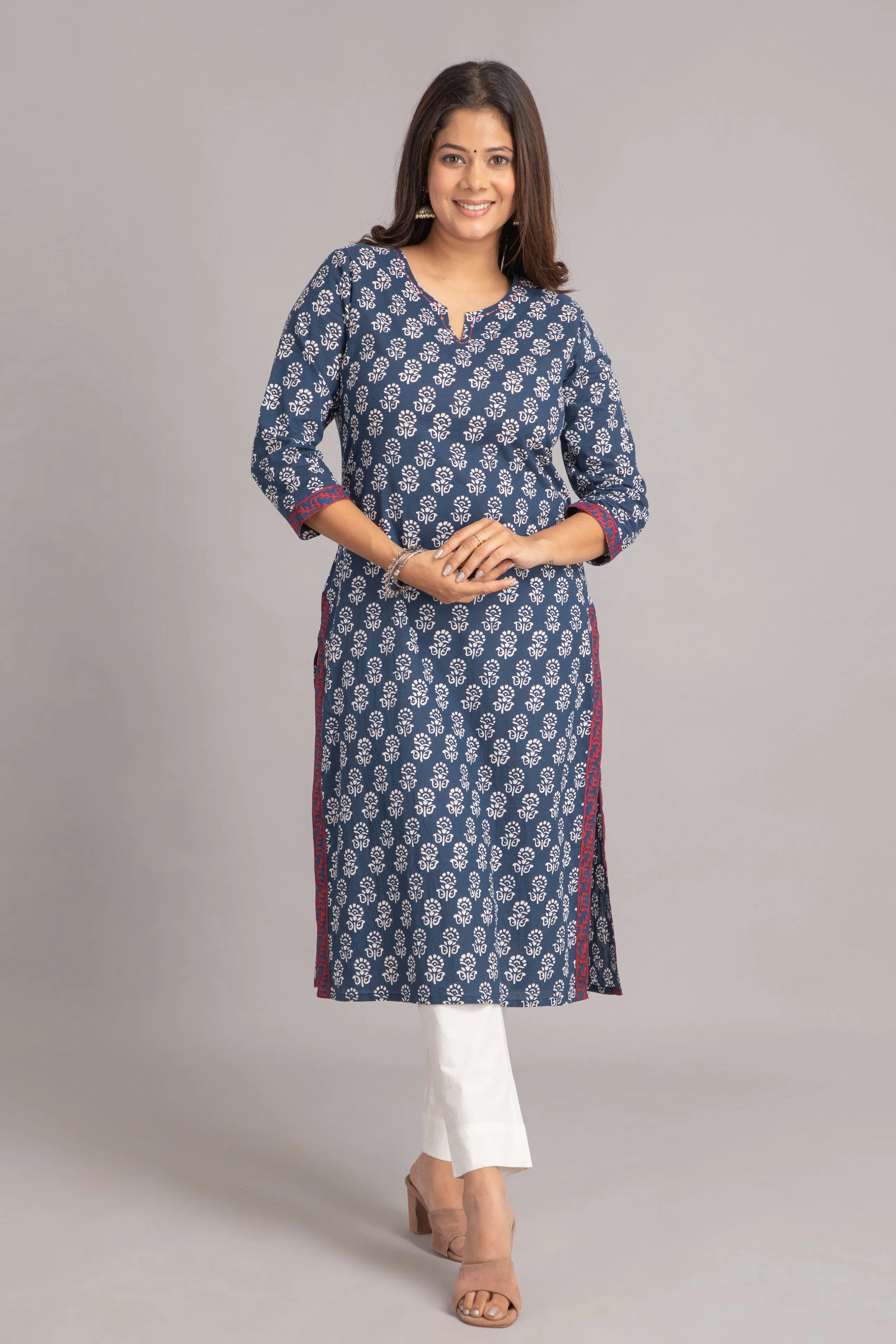 Mul Cotton Printed Long Kurti with Kantha Work