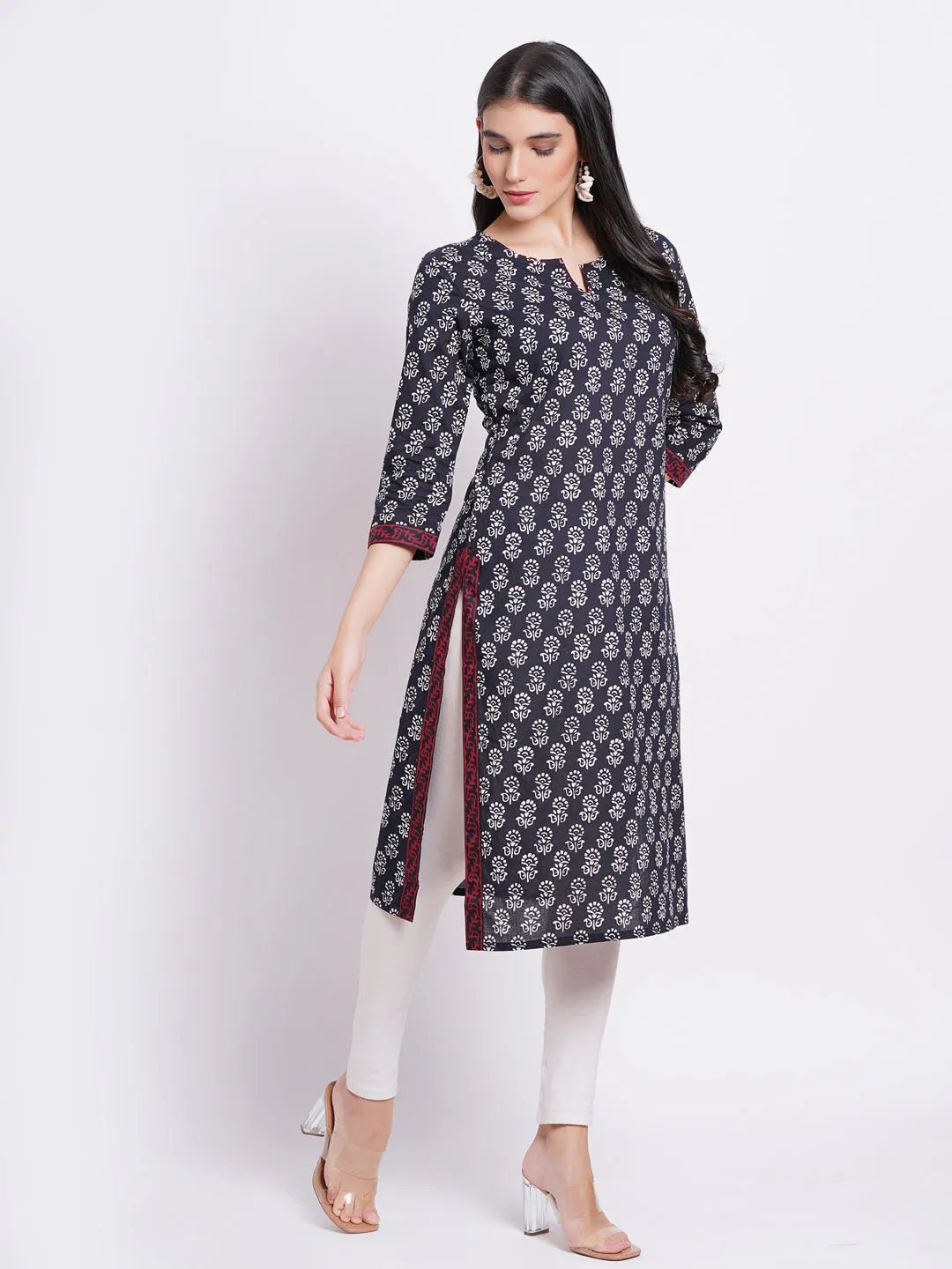 Mul Cotton Printed Long Kurti with Kantha Work