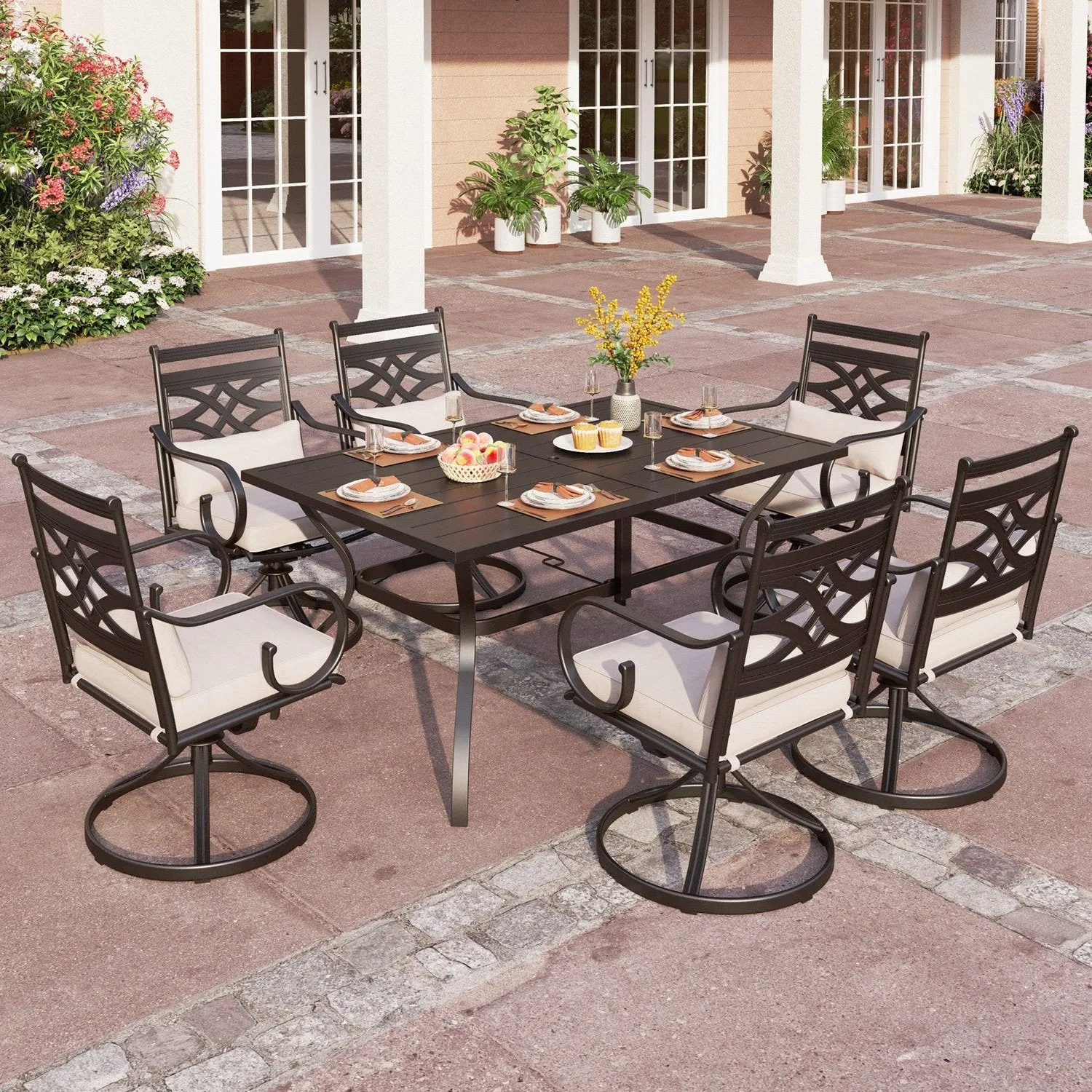 Phi Villa 7-Piece Patio Dining Set of Stylish Steel Chairs and Steel Rectangle Table