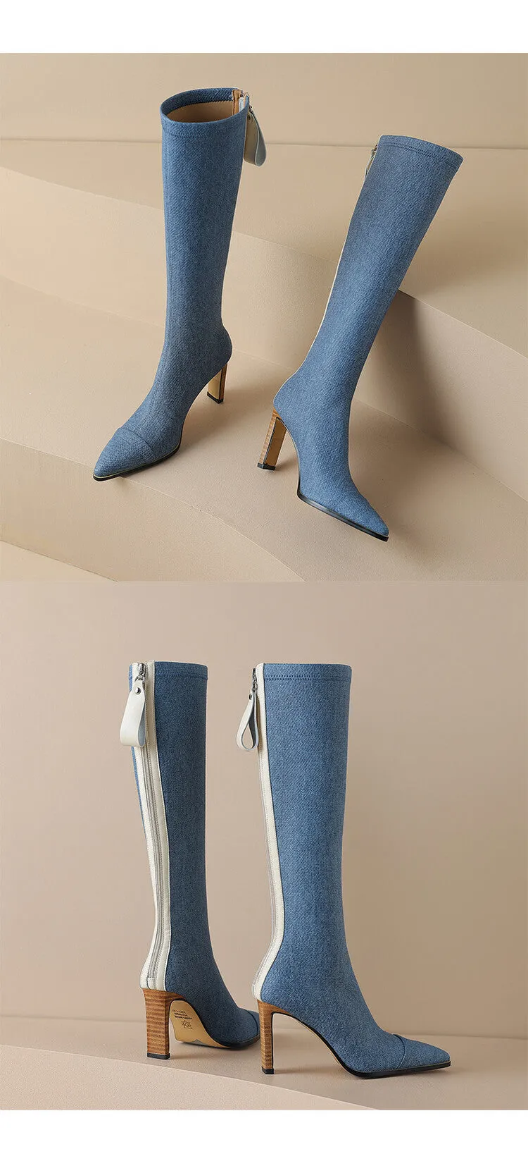 Pre Order:  Denim Back-Zip High Heels Boots