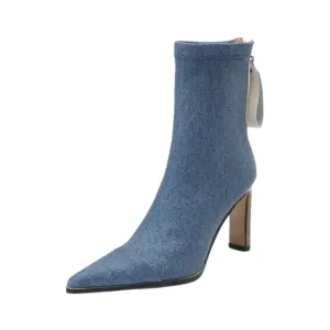 Pre Order:  Denim Back-Zip High Heels Boots