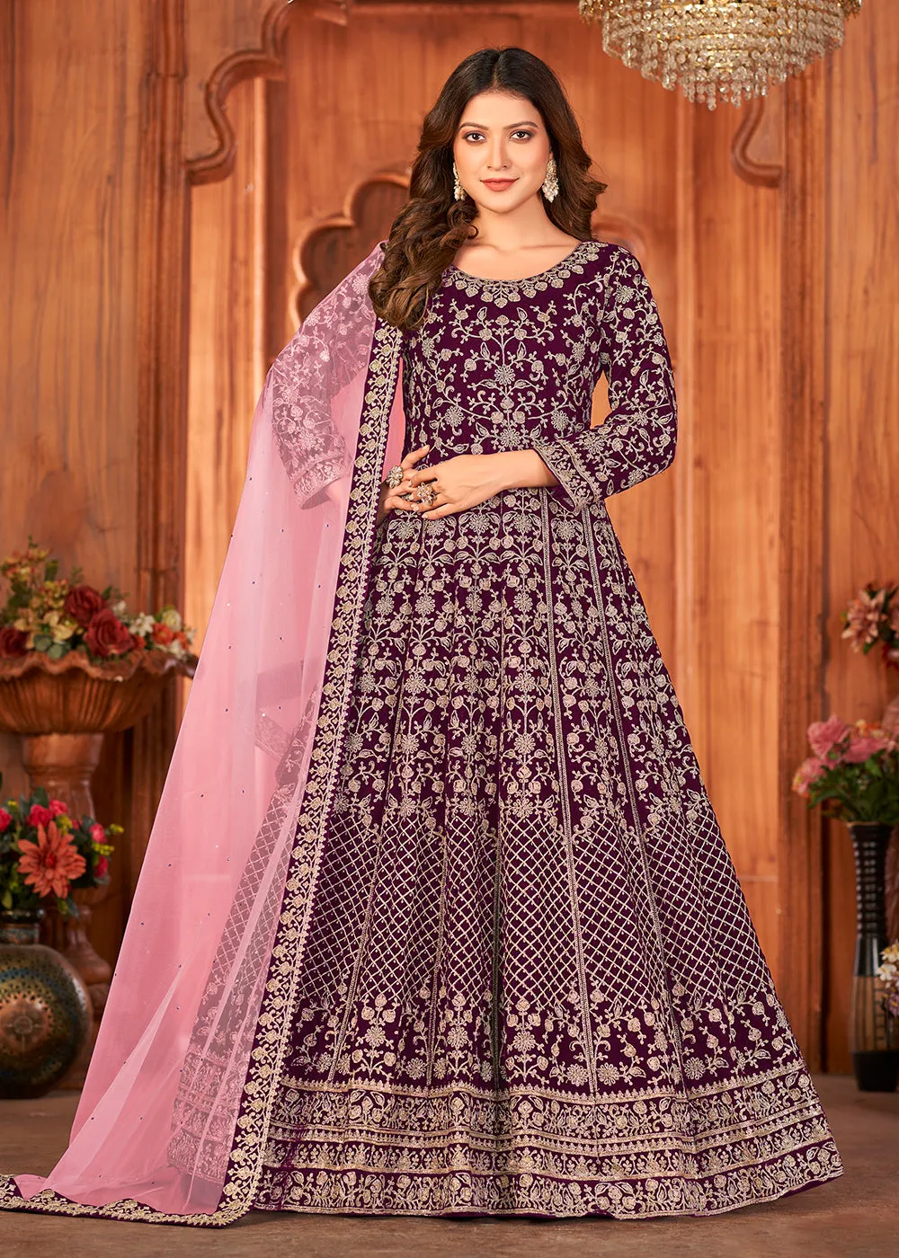 Radiant Purple Velvet Wedding Function Wear Anarkali Suit