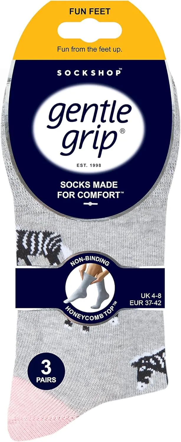 SockShop Gentle Grip Ladies Fun Feet Non-Binding Honeycomb Gentle Top Novelty Patterned Socks in a Multipack of 3 Assorted Colours Size 4-8