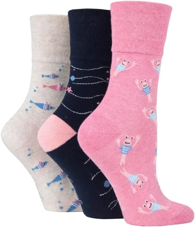 SockShop Gentle Grip Ladies Fun Feet Non-Binding Honeycomb Gentle Top Novelty Patterned Socks in a Multipack of 3 Assorted Colours Size 4-8