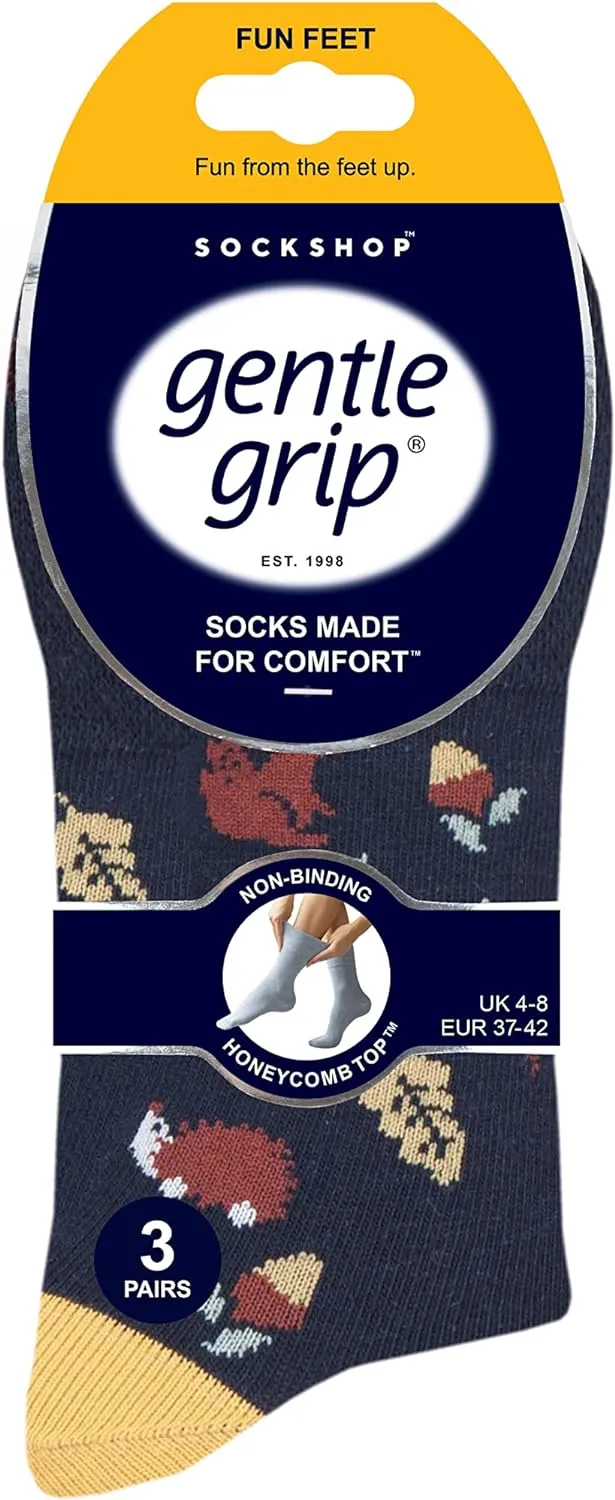 SockShop Gentle Grip Ladies Fun Feet Non-Binding Honeycomb Gentle Top Novelty Patterned Socks in a Multipack of 3 Assorted Colours Size 4-8