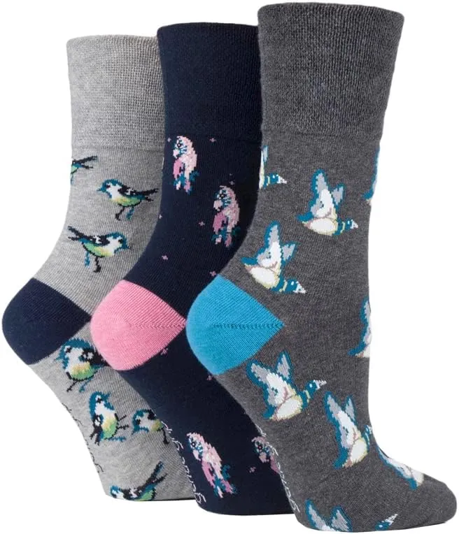 SockShop Gentle Grip Ladies Fun Feet Non-Binding Honeycomb Gentle Top Novelty Patterned Socks in a Multipack of 3 Assorted Colours Size 4-8