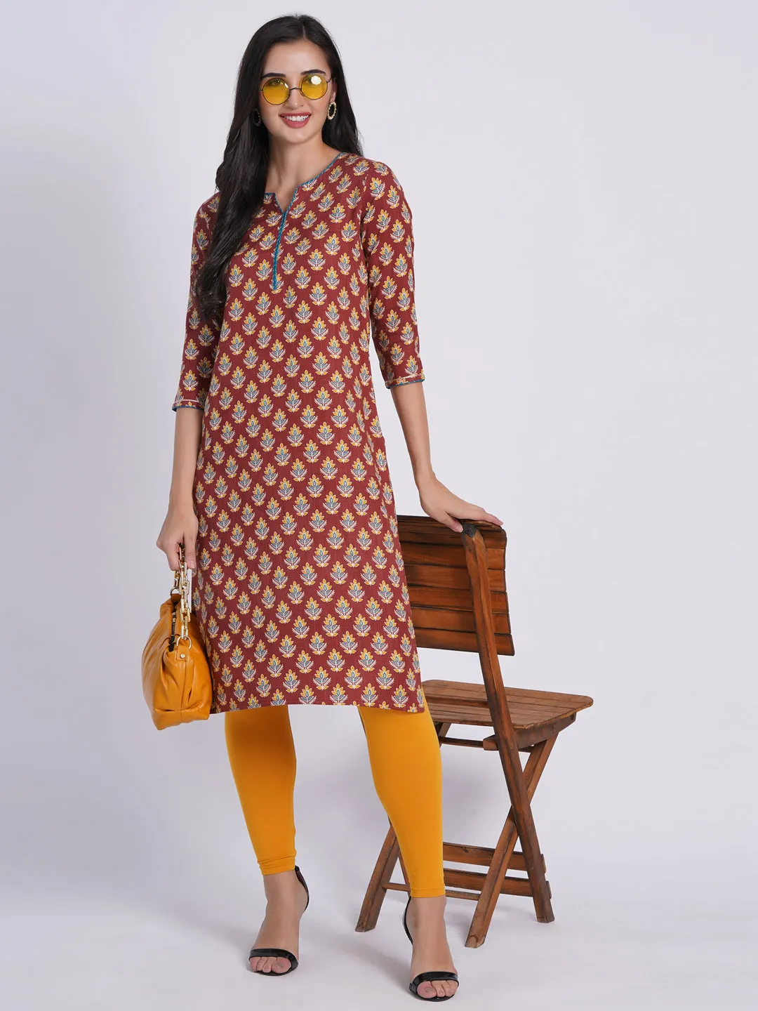 Suti Women Rayon Floral Printed Long Kurti Embellished With Zari Work Details