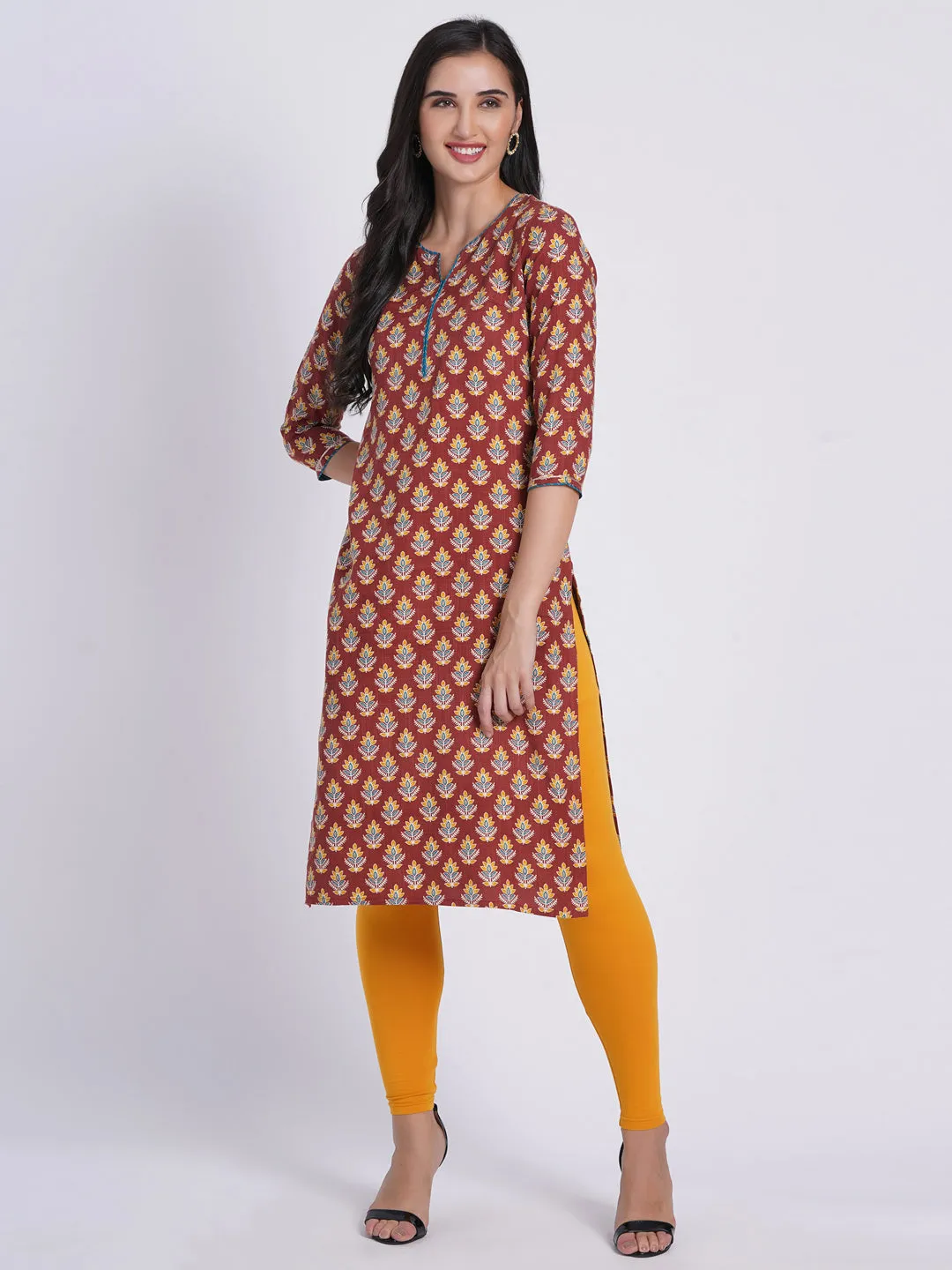 Suti Women Rayon Floral Printed Long Kurti Embellished With Zari Work Details