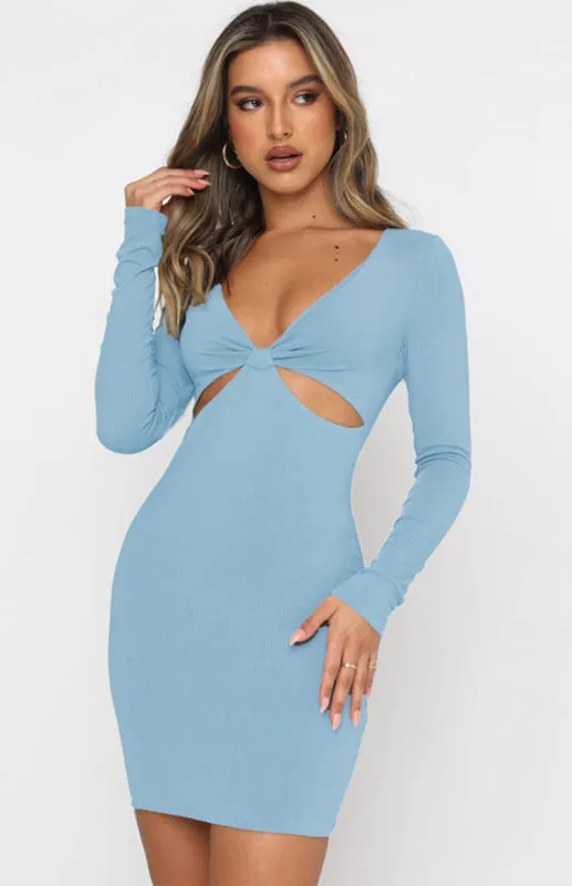 Women's Sexy Deep V-Neck Hollow Slim Long Sleeve Dress Cocktail Party Dress