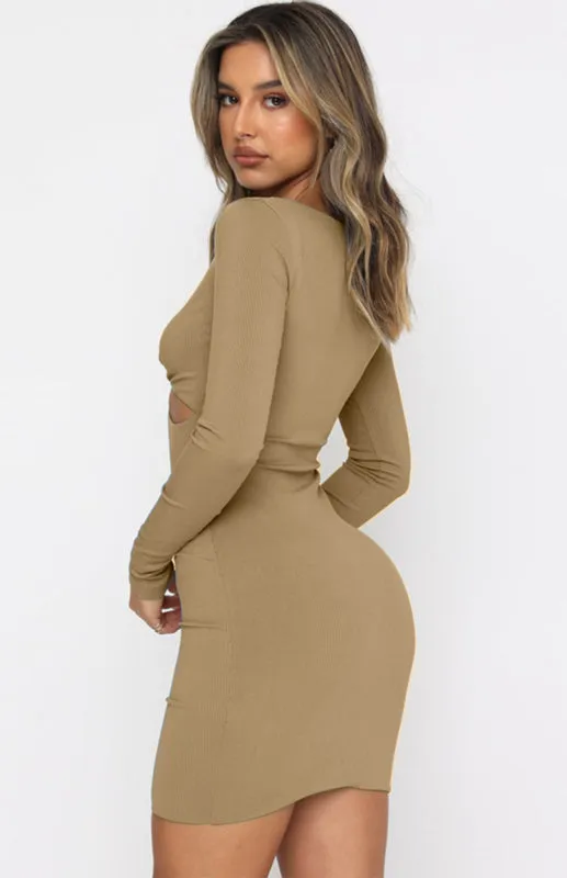 Women's Sexy Deep V-Neck Hollow Slim Long Sleeve Dress Cocktail Party Dress