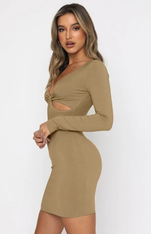 Women's Sexy Deep V-Neck Hollow Slim Long Sleeve Dress Cocktail Party Dress