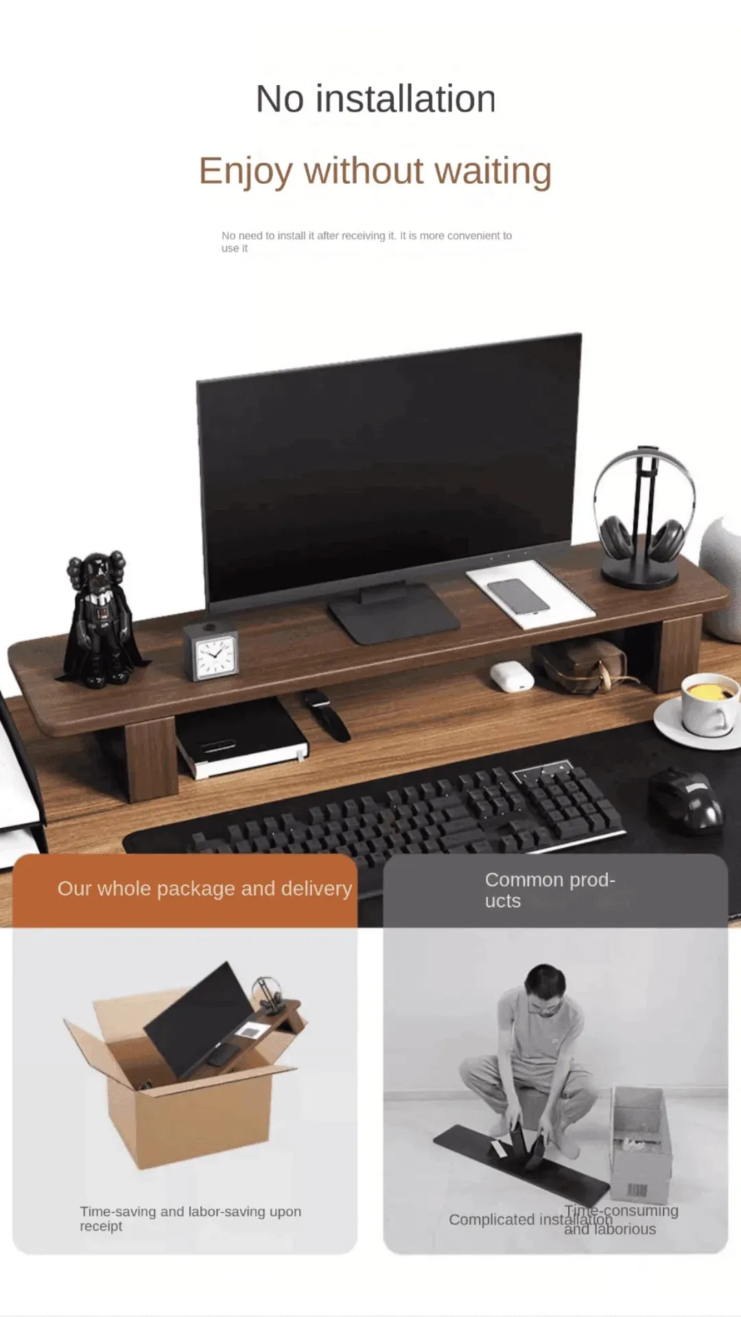 Wooden Twist Walnut Monitor Stand - Modern Desktop Riser, Monitor Raised Shelf Screen Support Stand Office Laptop Cooling Storage Holders